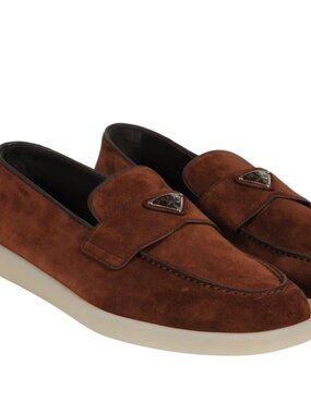 Prada Men Saint Tropez Suede Loafers Brown Triangle Logo Slip On Size UK 9.5